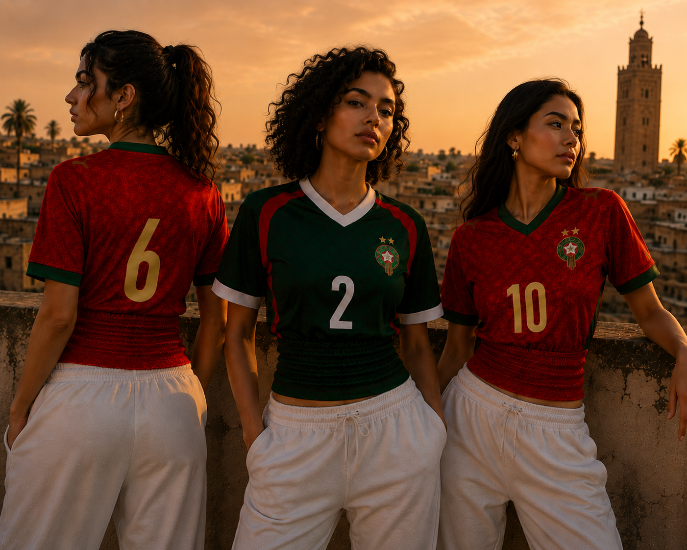 Three women wearing F'90 Atlas Lions jerseys at sunset on a Marrakech rooftop with the Koutoubia minaret in the distance